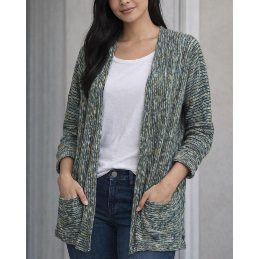 J.Jill Textured Open-Front Cardigan – Multi Green/Blue/Yellow – Size M
